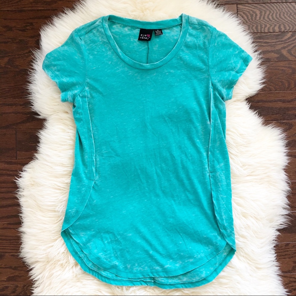 eye candy short sleeve longer length side slit top